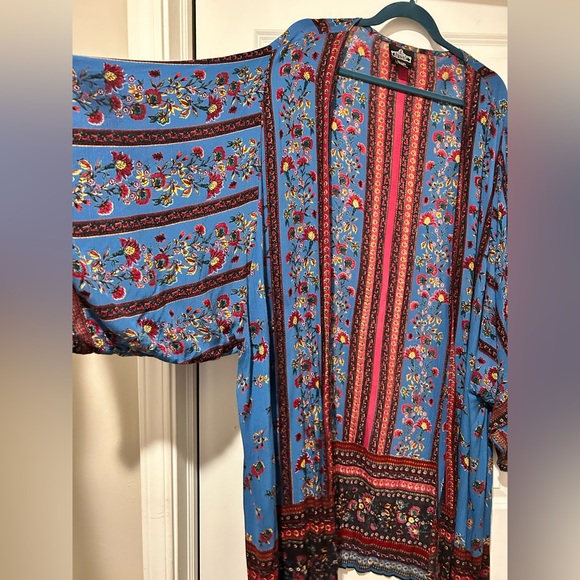 Angie Vintage Bohemian Multicolor Floral Blue Kimono Coverup Cardigan Flowy Top - Picture 10 of 14